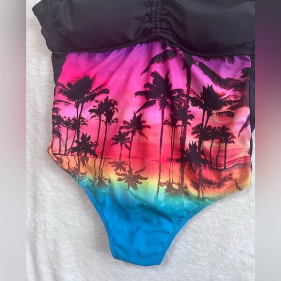Ocean Pacific OP Vintage Palm Trees Beach Print Neon Halter Pads Bra Swim Suit L - Picture 4 of 16